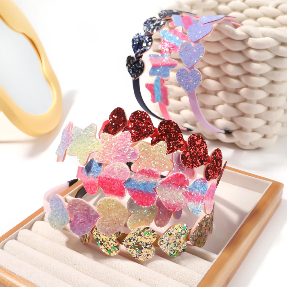 2024 Fashion Girls Glitter Hair Bands Cute Colors Hair Hoop Hairbands Lovely Bow Stars Headbands For Kids Gifts Hair Accessories