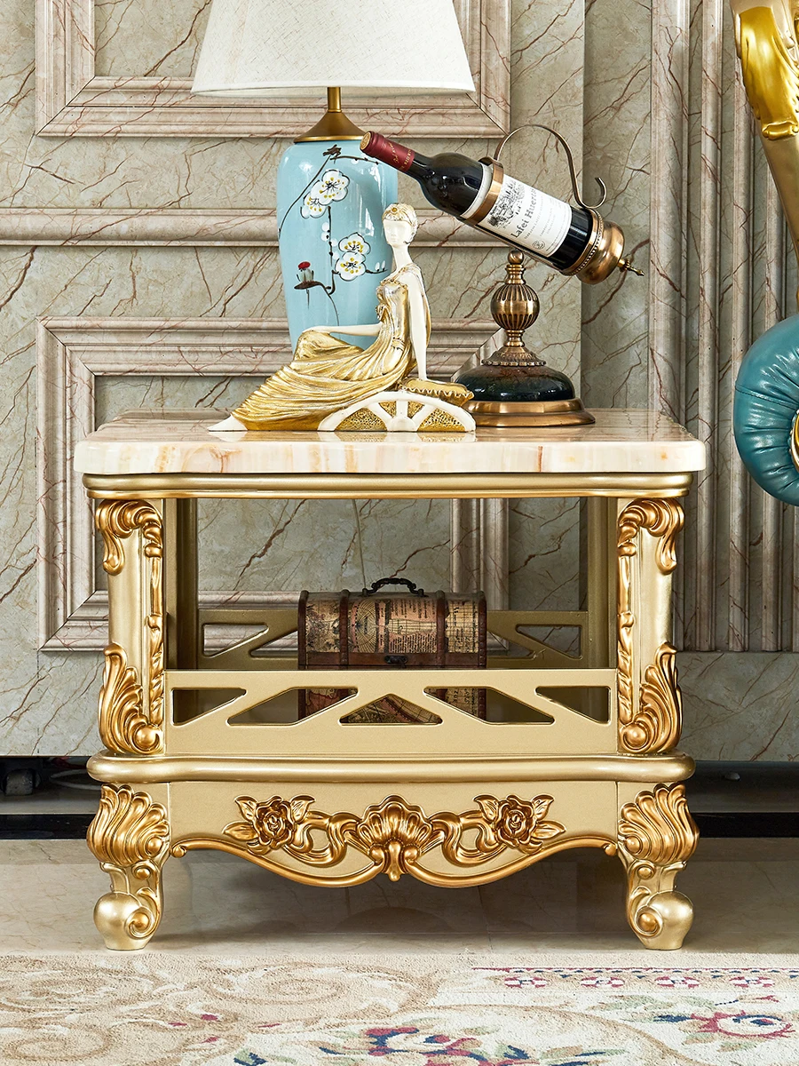 European style side table, all solid wood, champagne, carved side table, light luxury sofa, small coffee table, corner table