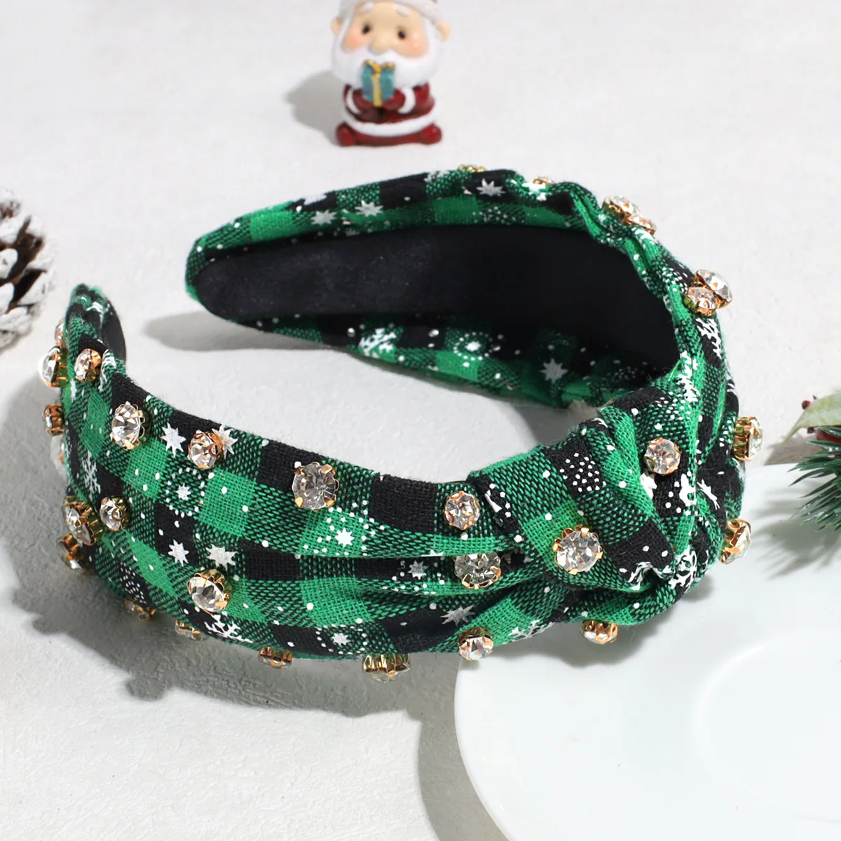 Headband Vintage Christmas Rhinestone Faux Pearl Checkered Knot Design Versatile Daily Wear Non Slip Premium Comfortable