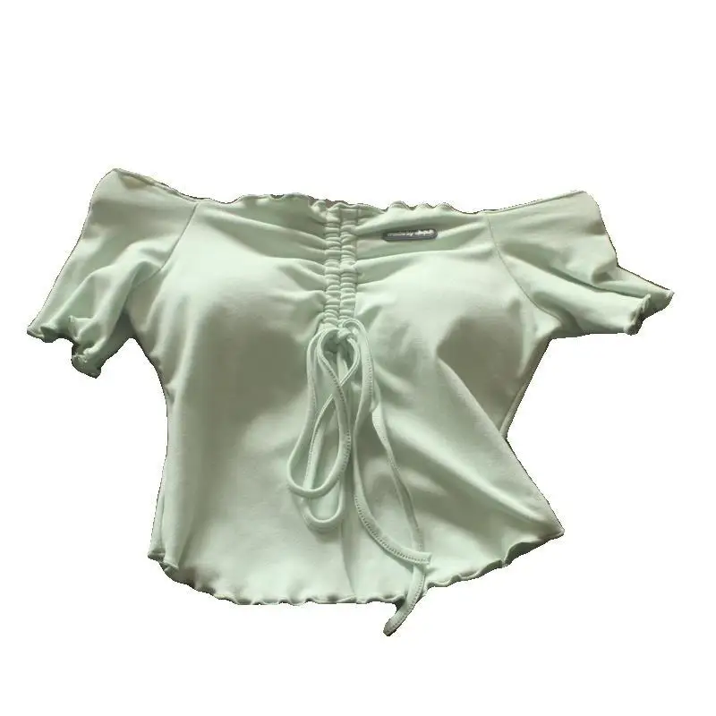 Ele Unique oulder Bared T irt T da donna Faionable Beautiful Summer High ade ort Sve Dstring T-shirt in fibra mista