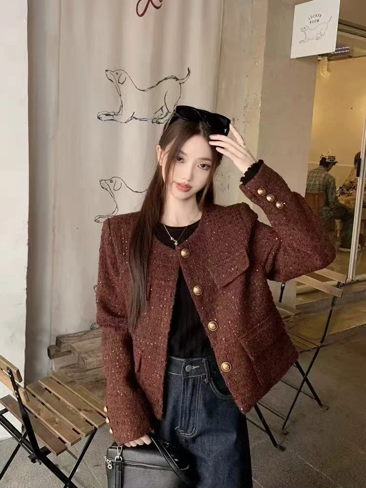 Luxury Sequins Tweed Jacket for Women Y2K Loose Single Breasted Crop Coats Y2K Spring Elegant Office Lady All Match Outerwear