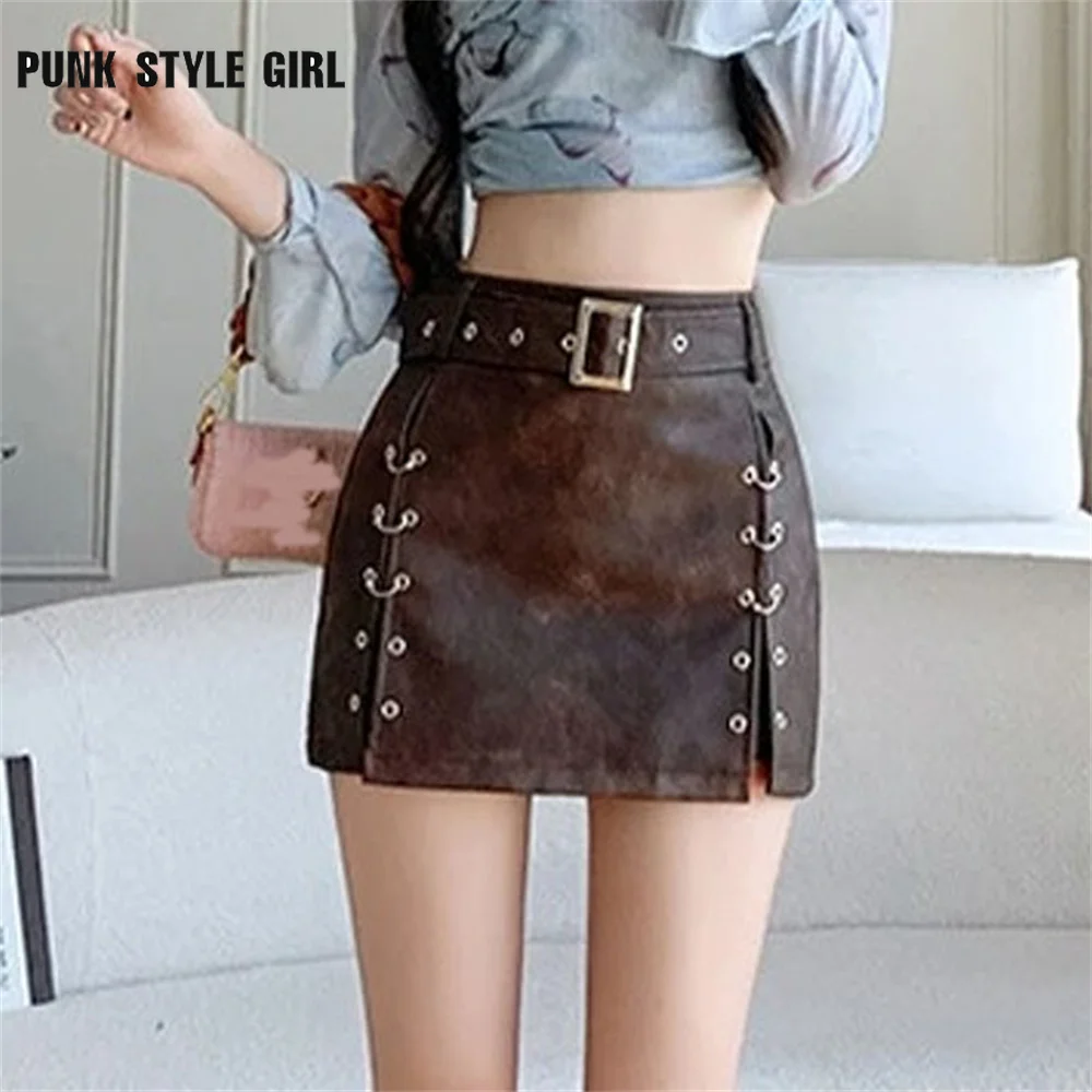 2025 Damen Kaffee A-Linie PU Lederrock Vintage Streetwear 90er Jahre Ästhetik Y2k Sommer Harajuku Koreanischer Minirock 2000er Jahre Kleidung