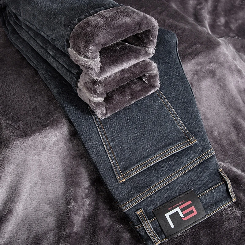 Super Thick Fleece Autumn Winter Warm Gray Jeans Business Casual Cotton Stretch Fit Straight Men's Classic Fashion Denim Pants