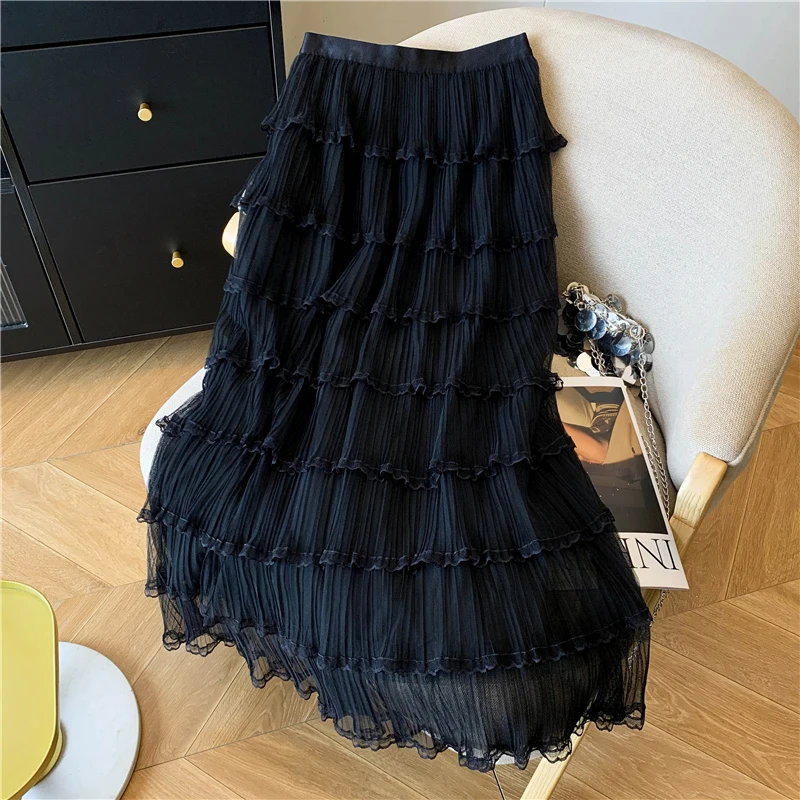 French Elegant Long Skirt Women Summer Lace Mesh Patchwork A Line Cake Skirts Korean High Waist Sweet Female Casual Pleats Skirt