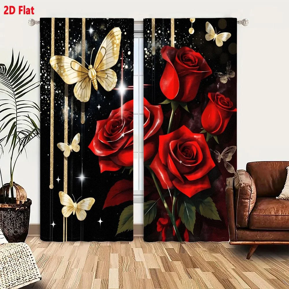 2Pcs Curtains Digital Illustration Of Vibrant Deep Red Roses With Golden Butterflies And Shimmering Gold Dust Against A Starry B