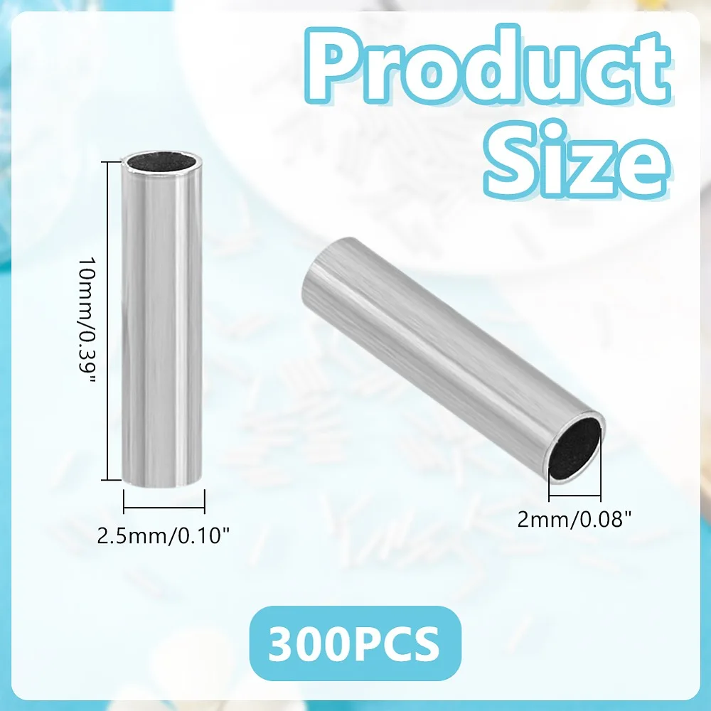 

300Pcs 304 Stainless Steel Tube Beads Tube Stainless Steel Color 10x2.5mm Hole: 2mm