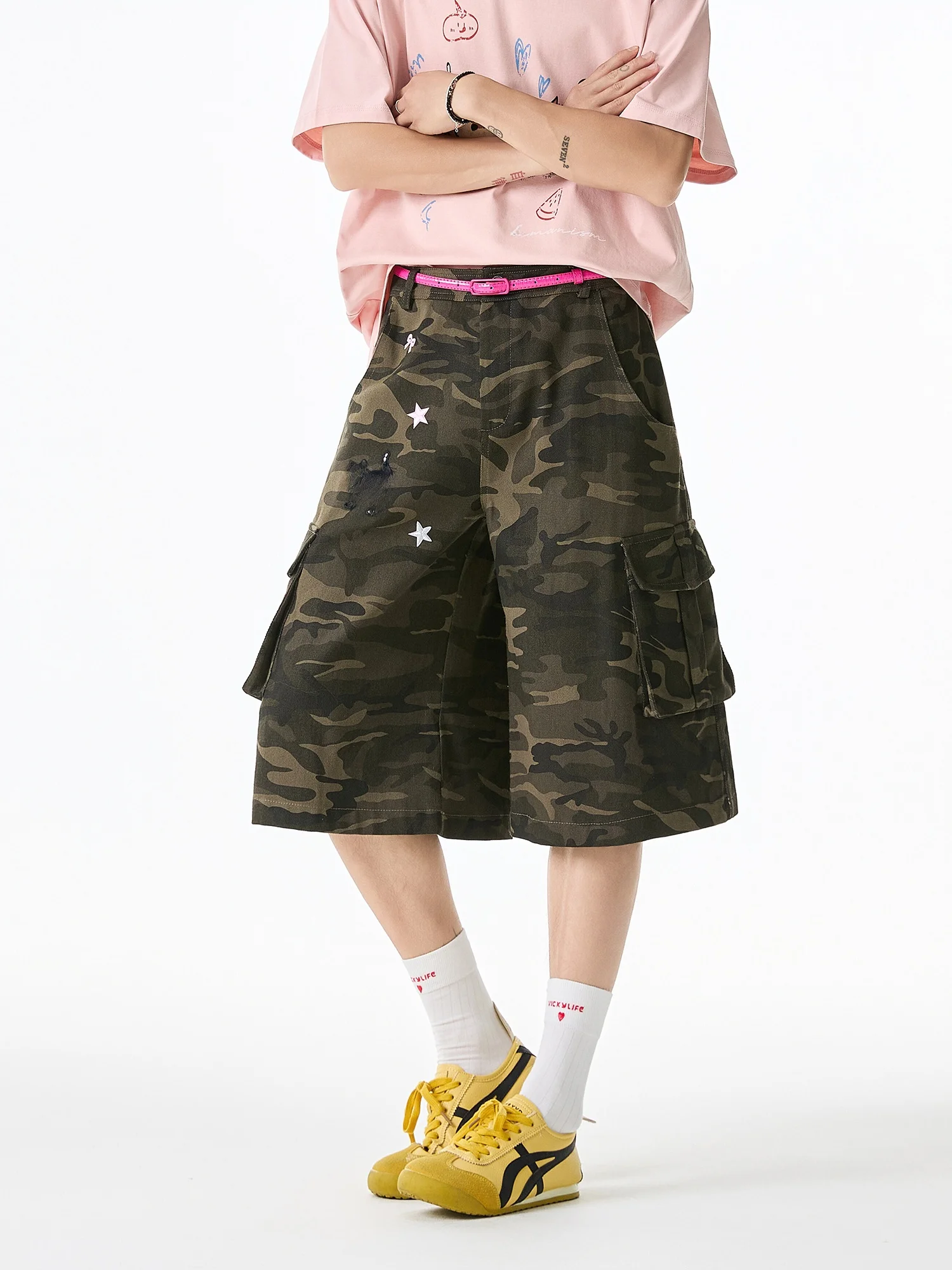 

Камуфляжные брюки-карго orts, мужские свободные прямые широкие брюки, американская рабочая одежда в стиле ретро, летние брюки на семь футов, молодежная мода