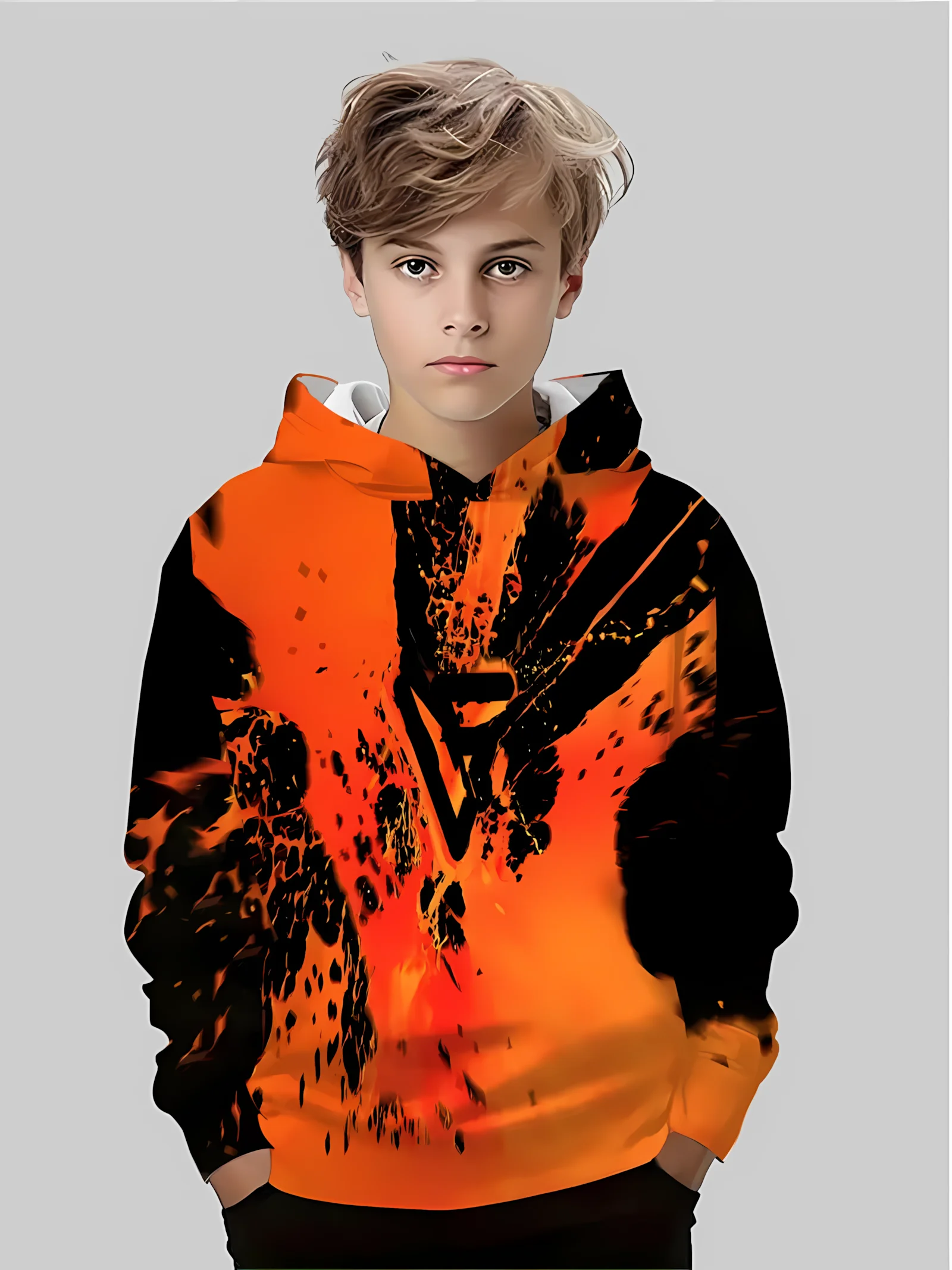 

The 2025 autumn new comfortable children's hoodie with 3D color burst print outdoor fashionable casual hoodie