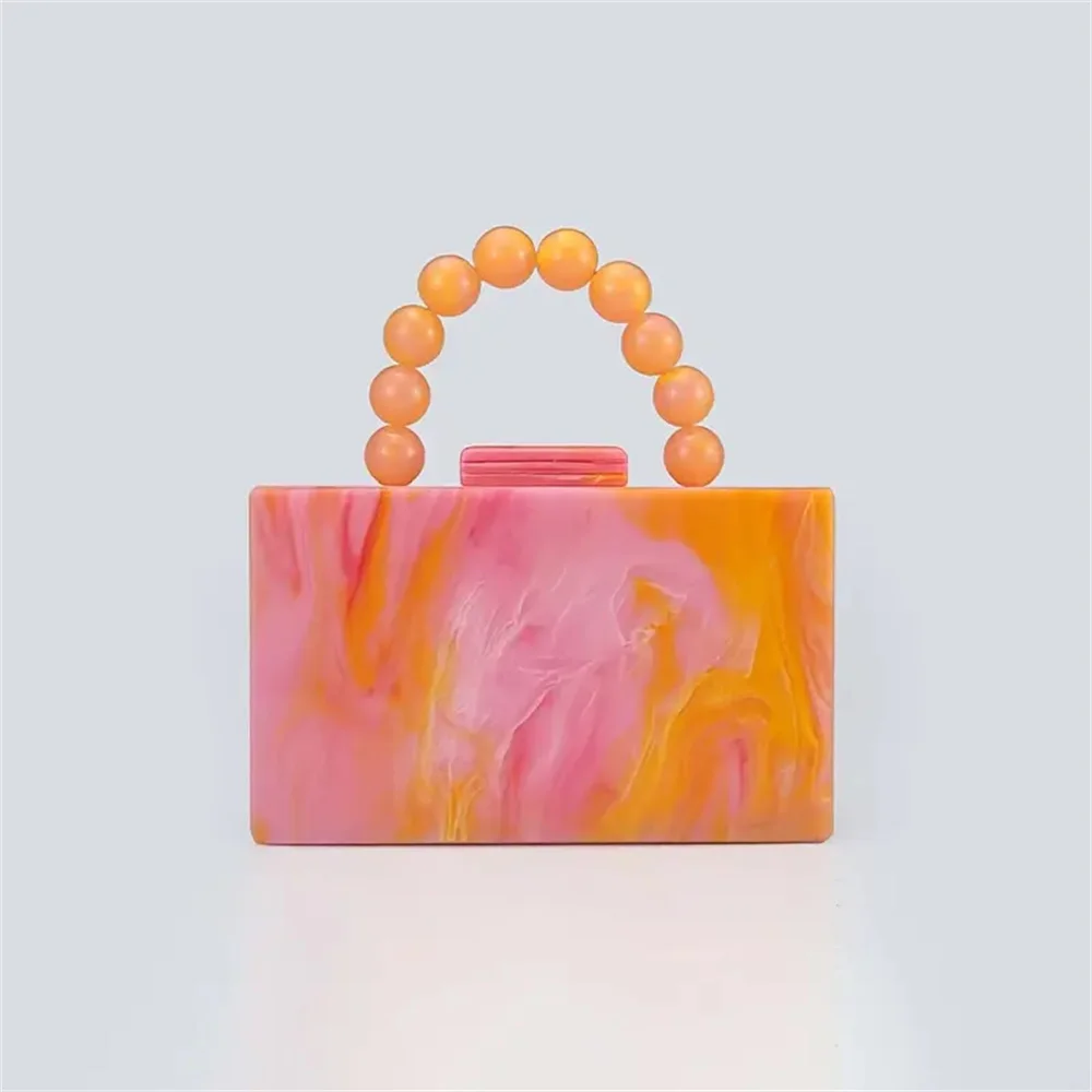 

Female Pro Purse Evening Handbags Pearl Acrylic Ladies Clutch Bags For Women Luxury Beach Summer Orange Beaded Handle Bag