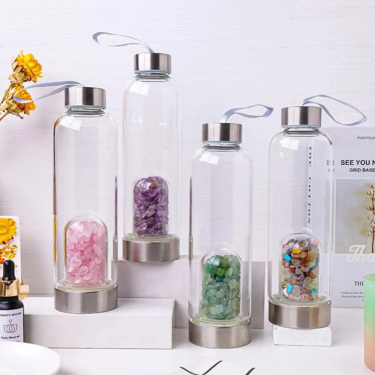 Healing Crystal Energy Glass Water Bottle Stainless Steel Lid Portable Gemstone Drinking Bottle Yoga Meditation Gift