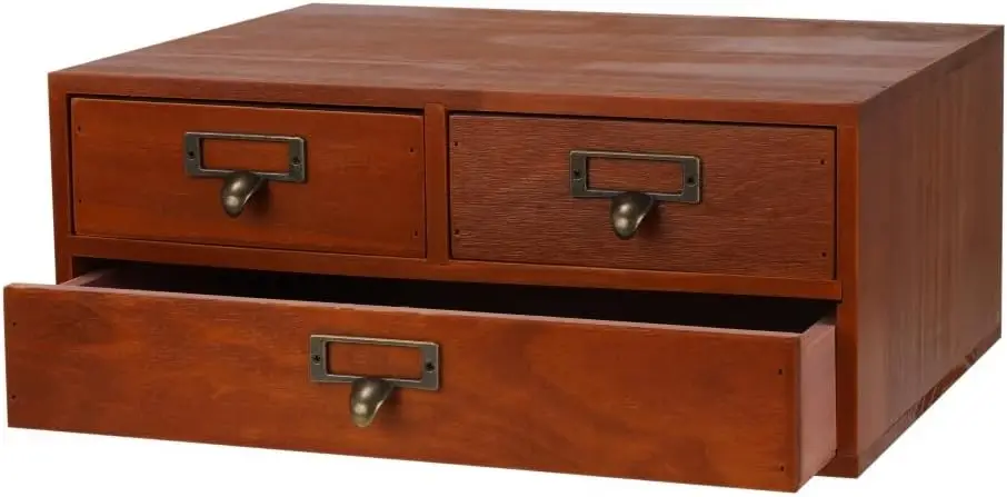 

Wooden Storage Box with 3 Drawers Countertop Organizer Vintage Apothecary Cabinet Desktop File Holder
