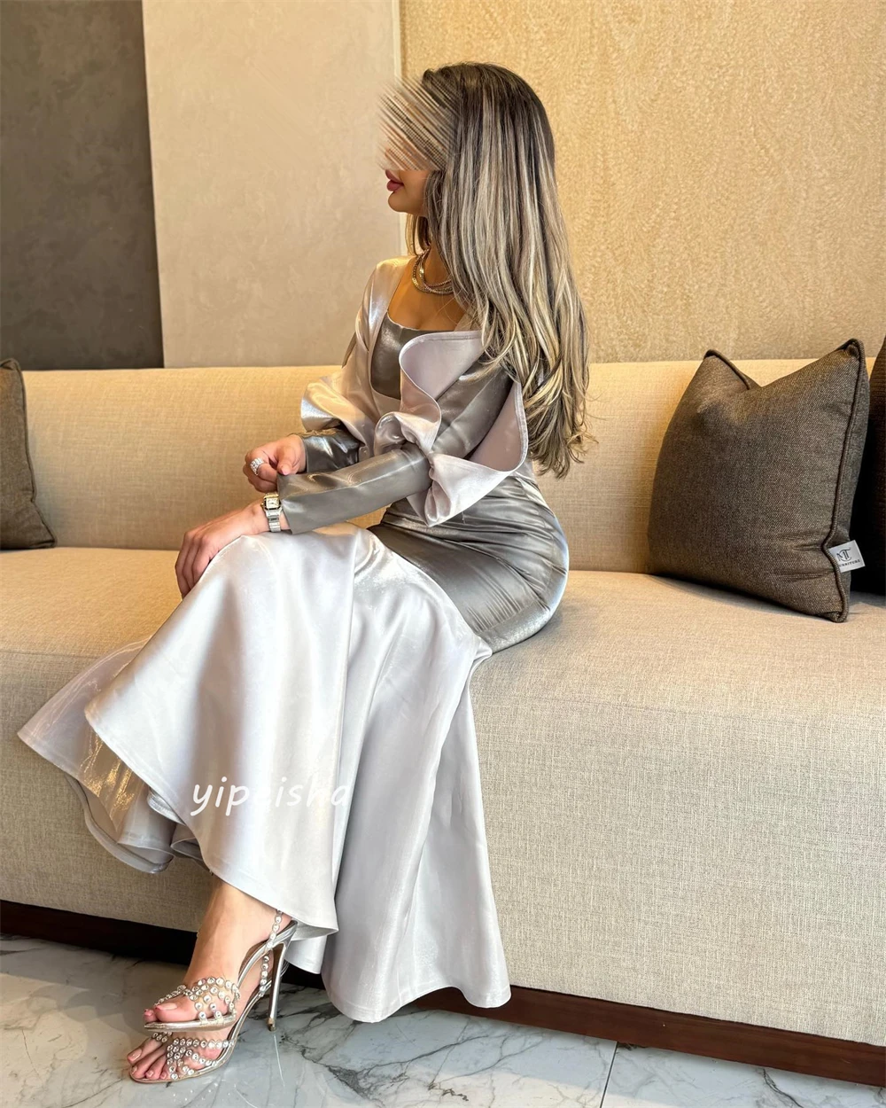 Evening Jersey Draped  Mermaid Square Neck Bespoke Occasion Gown Long Sleeve es Saudi Arabia es