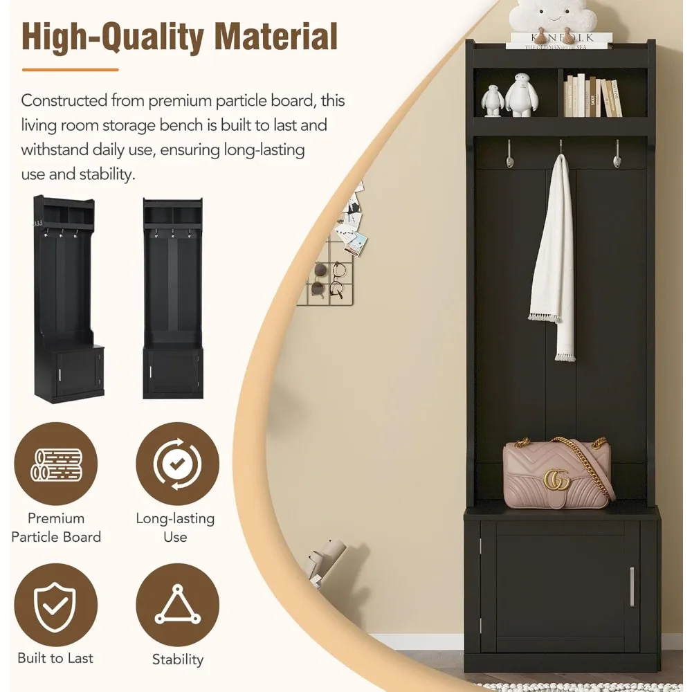 23.6" Coat Rack w/Storage Cabinet, Coat Rack with 6 Hanging Hooks, Multi-Functional Storage Bench with Open Shelves