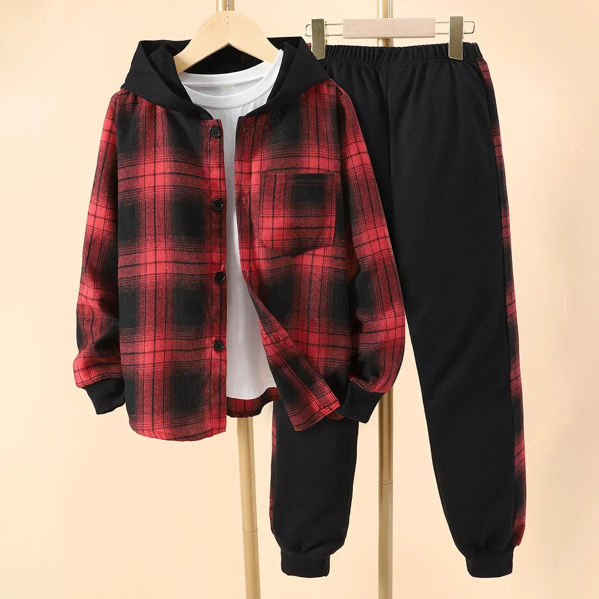 Kids Boys' Autumn Casual Checker Hoodie Set Shirt Suit Soft Ventilate Fashion Boys Suit Plaid Children's Clothing Set