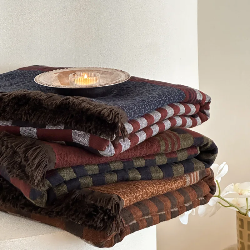 

Винтажный плед для дивана с кисточками, теплый, осенне-зимний, для женщин, многофункциональный, из цветного хлопкового полотна