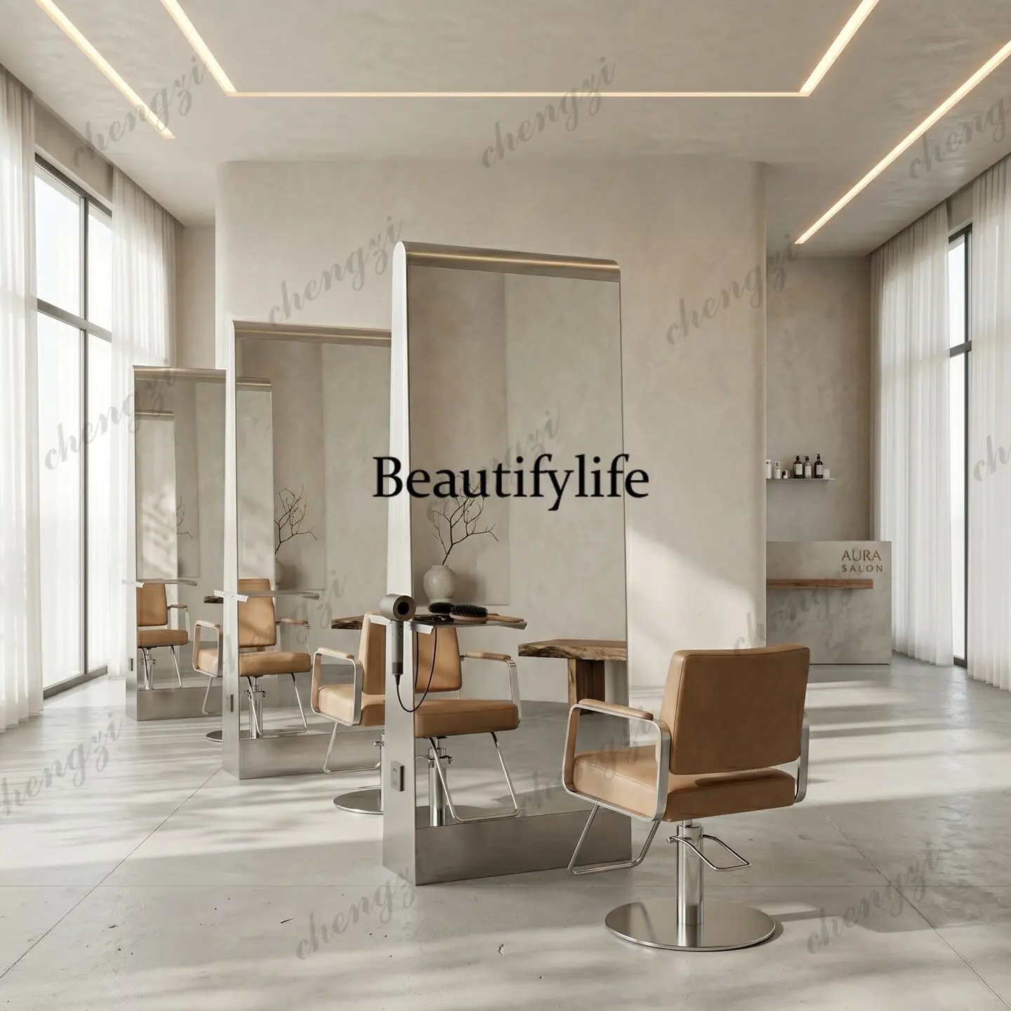 Modern minimalist hairdressing mirror stand, stainless steel salon-specific double-sided mirror for hairdressing