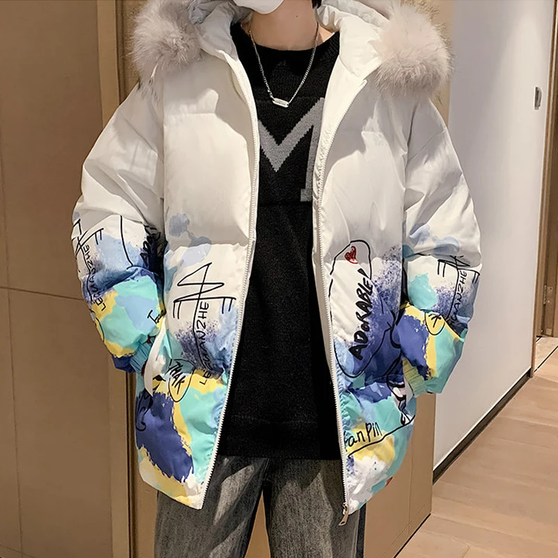 Fashion Men's Graffiti Hooded Cotton-Padded Jackets 2024 Winter Youth Fur Collar Detachable Thick Parkas Outwear Loose Down Coat