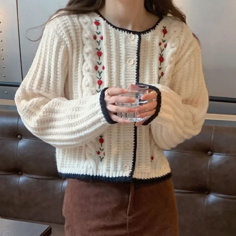 

Новый корейский кардиган, пальто, женский Sueter Mujer, винтажный вязаный свитер с цветочной вышивкой, топы Y2k, однобортный однобортный Pull Femme с круглым вырезом