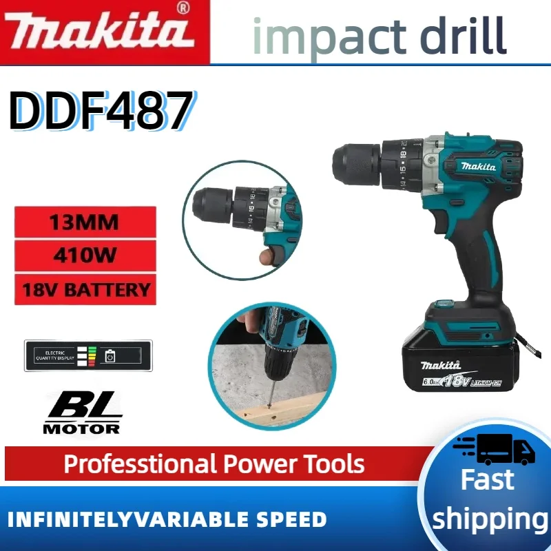 마키타 18V 배터리용 DDF487 10mm 브러시리스 리튬 전동 충전식 임팩트 드릴 대형 토크 드라이버