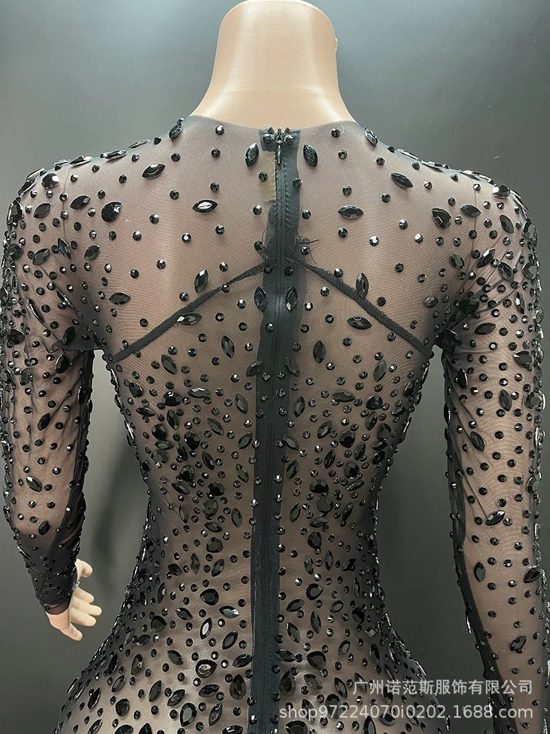 High-end Black Rhinestone Temperament Dress Annual Meeting Women's High-end Dress Black Trendy Catwalk Robe Soirée Femme Mariage