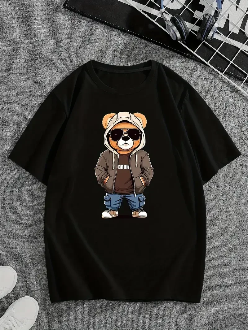 Men's Kids Streetwear-Inspired Cartoon Bear T-Shirt Versatile Crew Neck Summer-Ready Short Sleeves Trendy Casual Wear