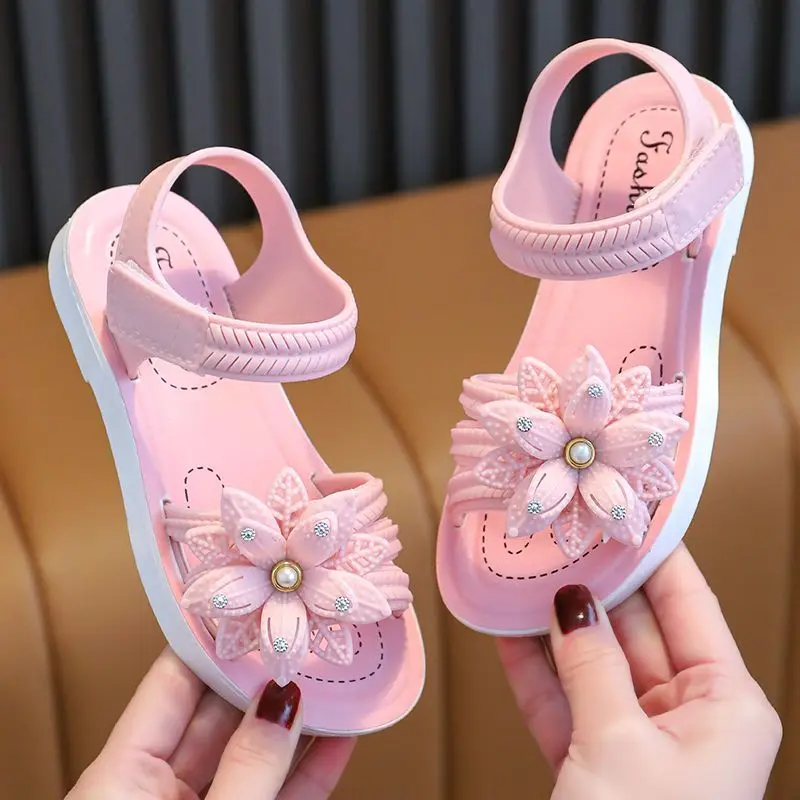 Trendy Cute Solid Color Flower Decor Open Toe Sandals For Girls, Breathable Lightweight Sandals For Indoor Outdoor Beach