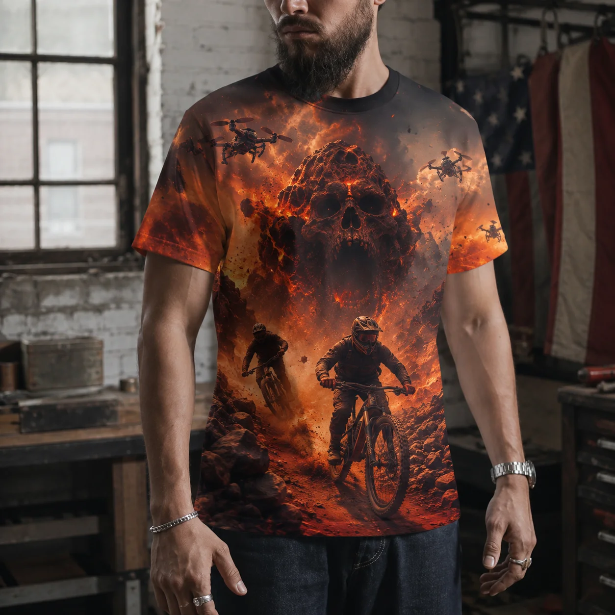 Men’s 3D All Over Print T Shirt Lava Mountain Skull Monster Downhill MTB Rider Graphic Short Sleeve Crew Neck Cycling Sports Tee
