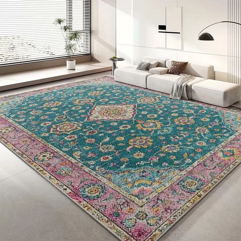 VIKAMA Vintage Persian Area Rug Blue Green Oriental Floral Carpet Non‑Slip Rug for Living Bedroom Bohemian Indoor Home Decor Mat