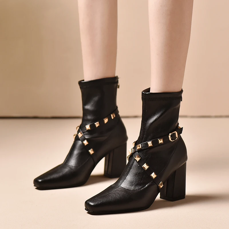 Shoes for Women 2023 New Rivet Design Female High Heel Shoes Winter Fashionable Square Toe Women's Ankle Boots Zapatos De Mujer