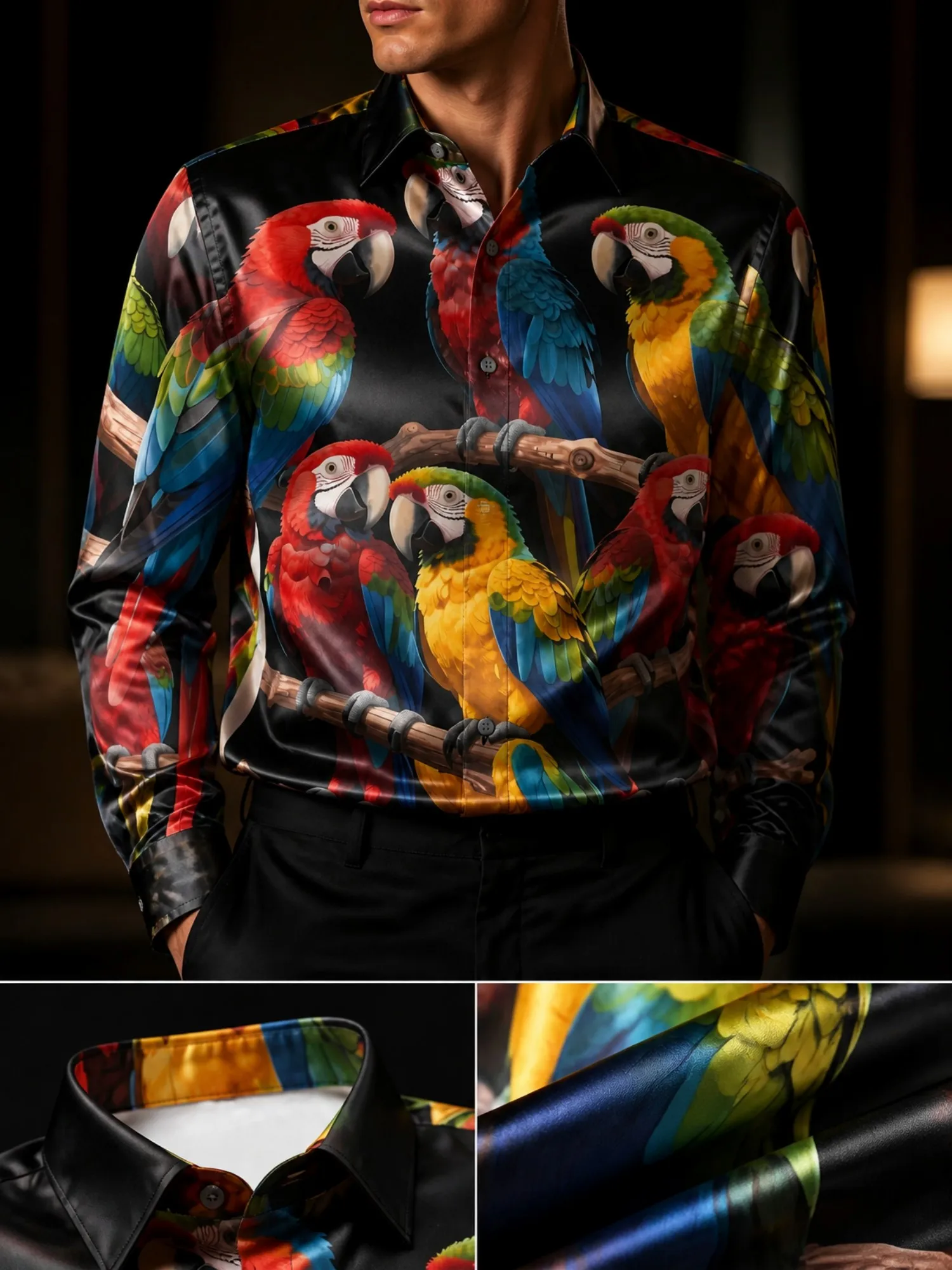 Mens Silky Satin Long Sleeve Button Shirt Lightweight Collared Dress Shirt Lightweight Party Office Vacation Resort Clubwear Top