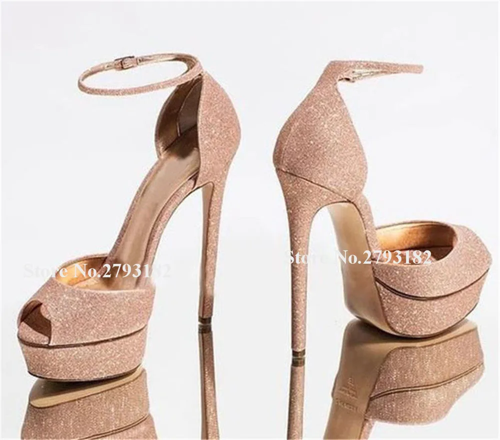 

Women Charming Peep Toe Rose Gold Glitter Stiletto Heel Pumps Ankle Strap Sequined High Platform Heels Wedding Dress Shoes