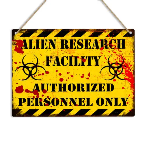 Alien Research Facility Metal Sign Door Plaque Funny Man Cave Restricted Area