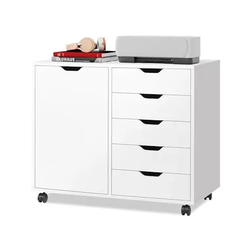 5-Drawer Wood Drawer Cabinet, Office Storage Cabinet, White | Craft Storage Cabinet, Under Desk Drawer, Rolling Cart