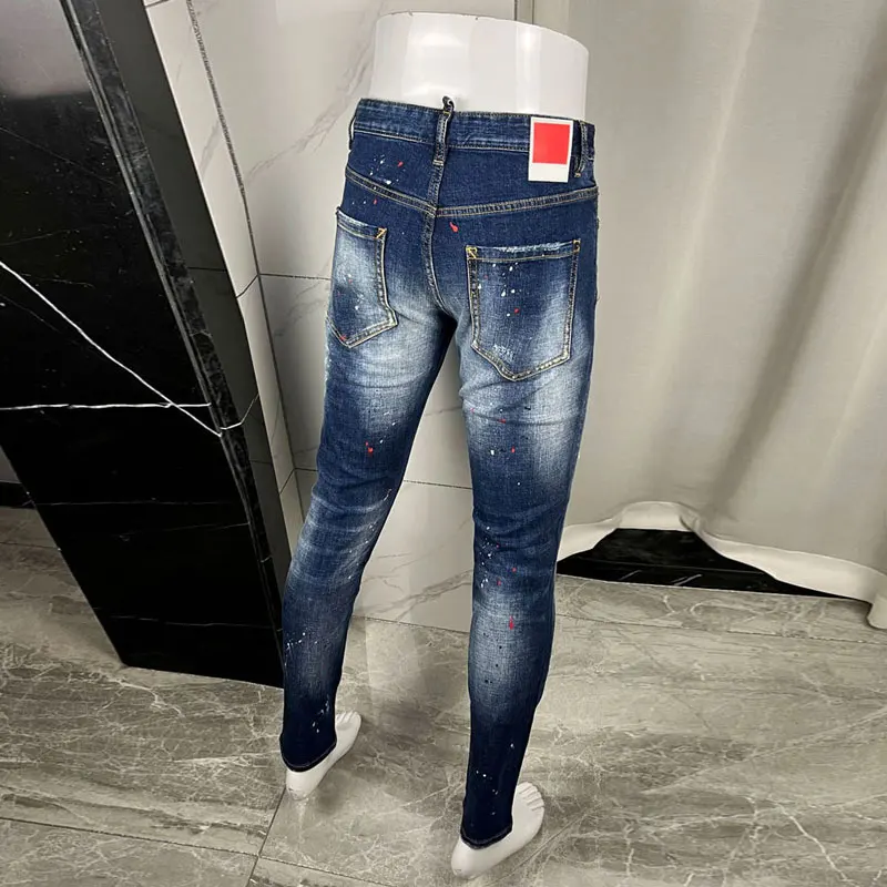 Street Fashion Men Jeans Retro Washed Blue Stretch Slim Fit Ripped Jeans Men Painted Designer Hip Hop Brand Denim Pants Hombre