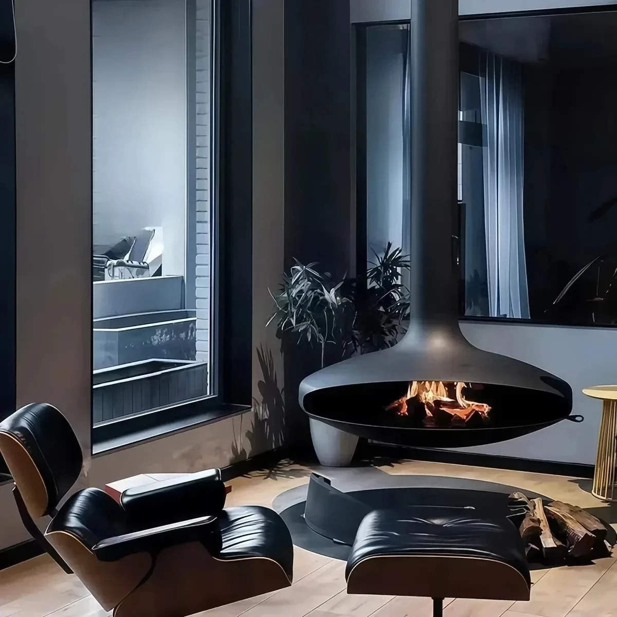 Modern Matt Black Indoor Bio-ethanol Fireplace Suspended Real Fire Pellet For Hotel Villa Wall-mounted Alcohol Hanging Living