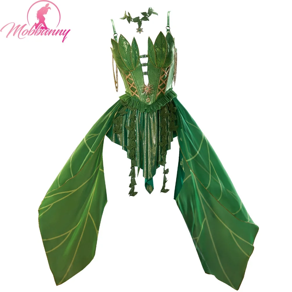MOBBUNNY Damen Anime-Elfen-Cosplay-Kostüm, Halloween-Kostüm im Rankenstil, Unregelmäßiges Kleid mit Ärmeln