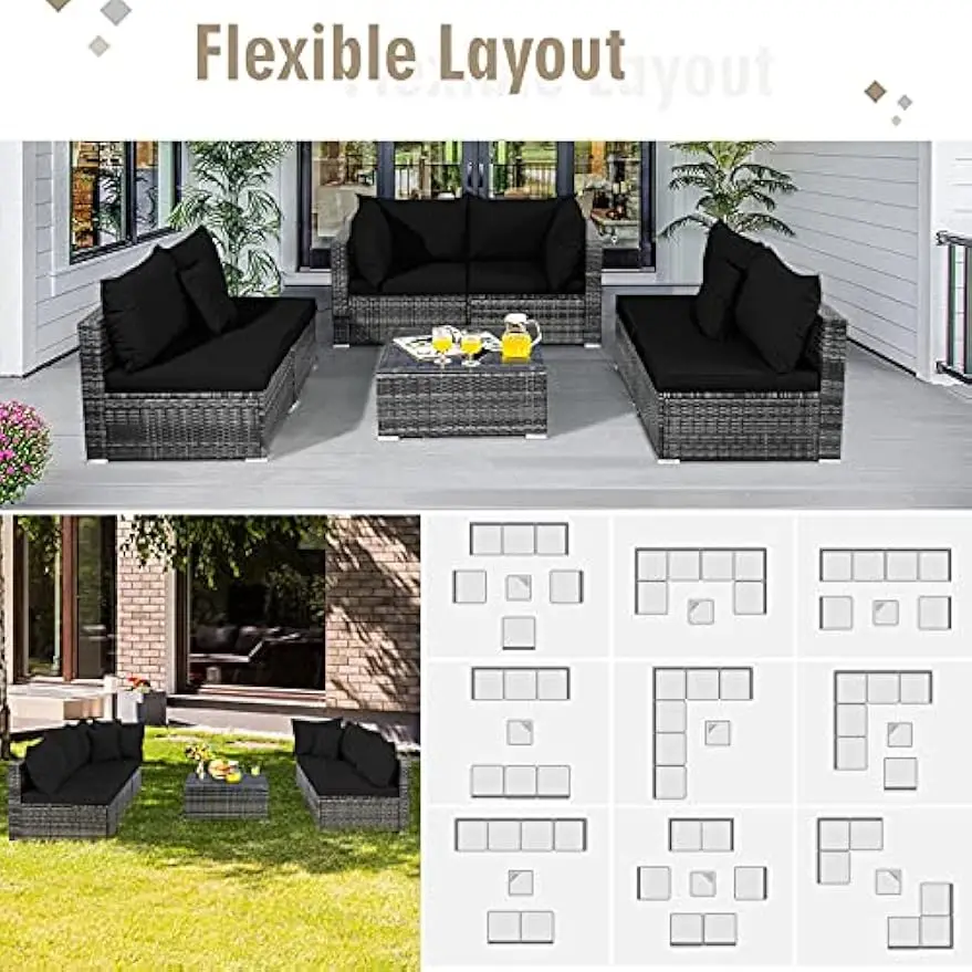 Patio Furniture Set, Outdoor Sectional PE Rattan Sofa Set with Cushions and Tempered Coffee Table, All-Weather Conversation Set