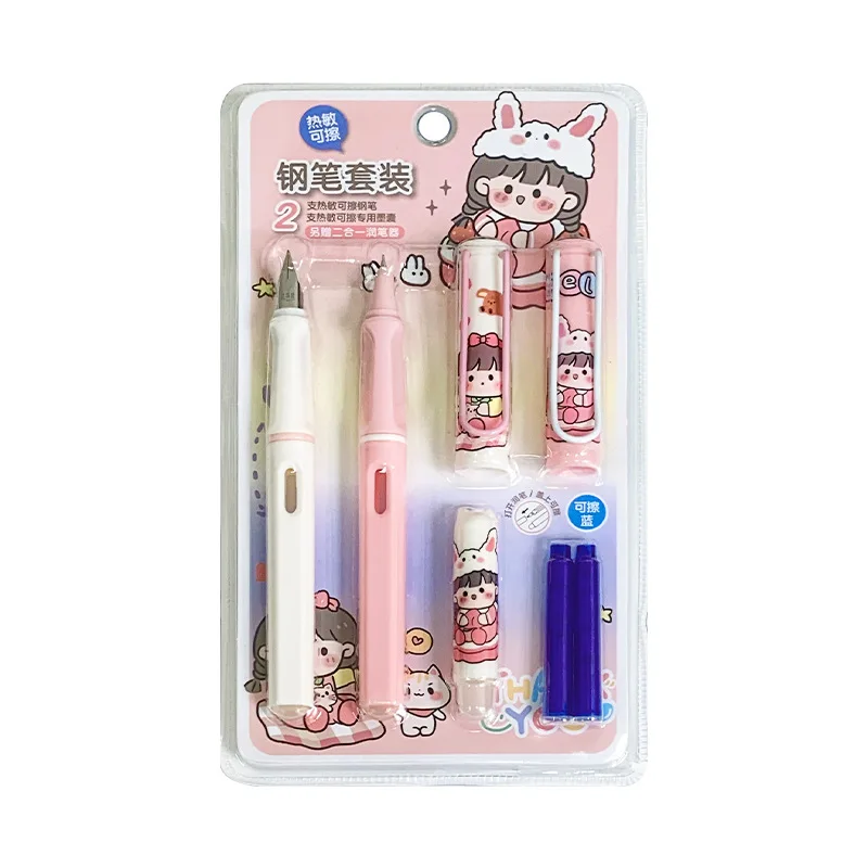 2 Pcs Cute Cartoon Erasable Fountain Pen Set Kawaii Ink Pen Stationery Gift Student Writing Roller Pens Office School Supplies