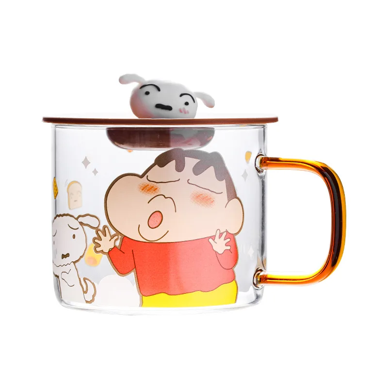 クレヨンすねちゃん漫画大容量マグカップ、ふた付きかわいい人形ガラス、オフィスコーヒーカップ、家庭用ミルクカップ、誕生日プレゼント、450ml