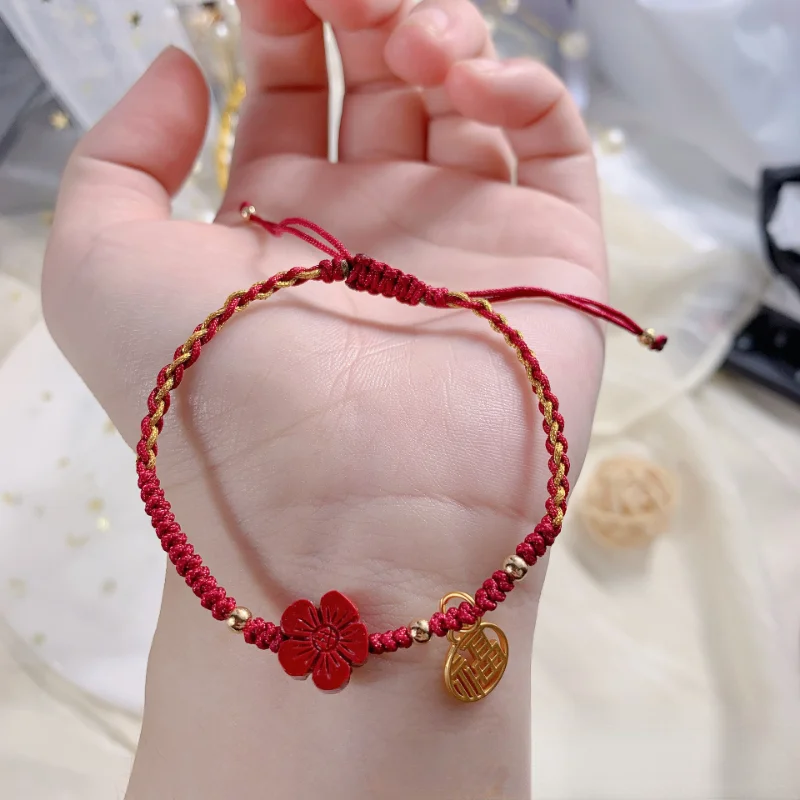 Chinese Style Cinnabar Little Red Flower Lucky Bracelets for Women \'Fu\' Word Brand Retro Hand-Woven Red Rope Jewelry Girls Gifts
