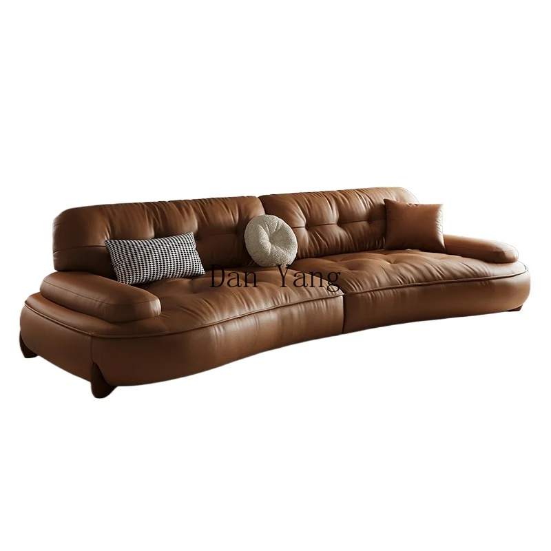 

DY retro brown leather sofa living room modern simple light luxury small apartment straight row Italian minimalist sofa