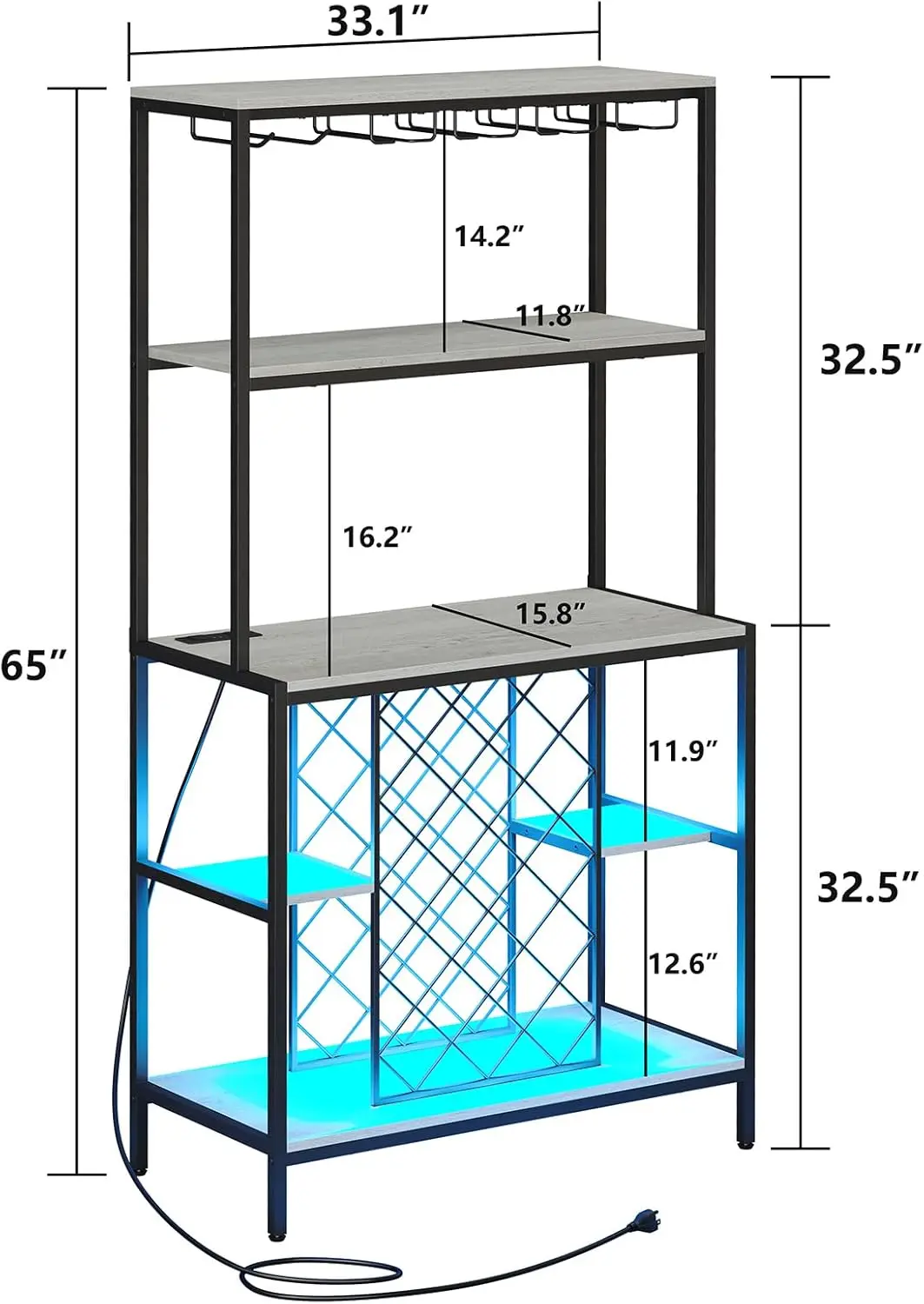 Armoire à vin industrielle à 5 niveaux avec prises de courant et lumières LED, porte-verre, meubles de bar à domicile