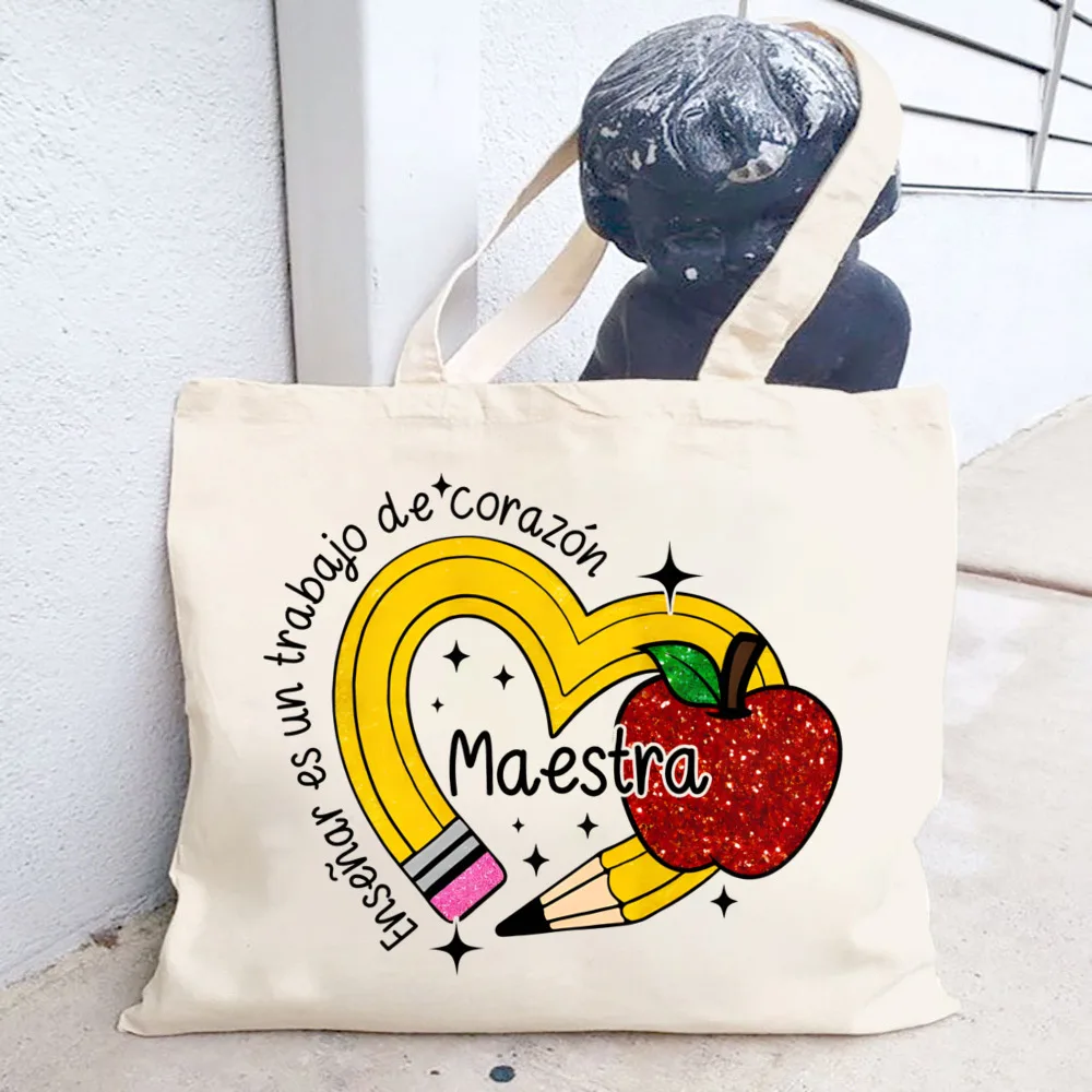 MAESTRA &pencil Apple Print Tote Bags Teacher Commut Tote Package Large Capacity Portable Canvas Handbag Best Teacher Present\\