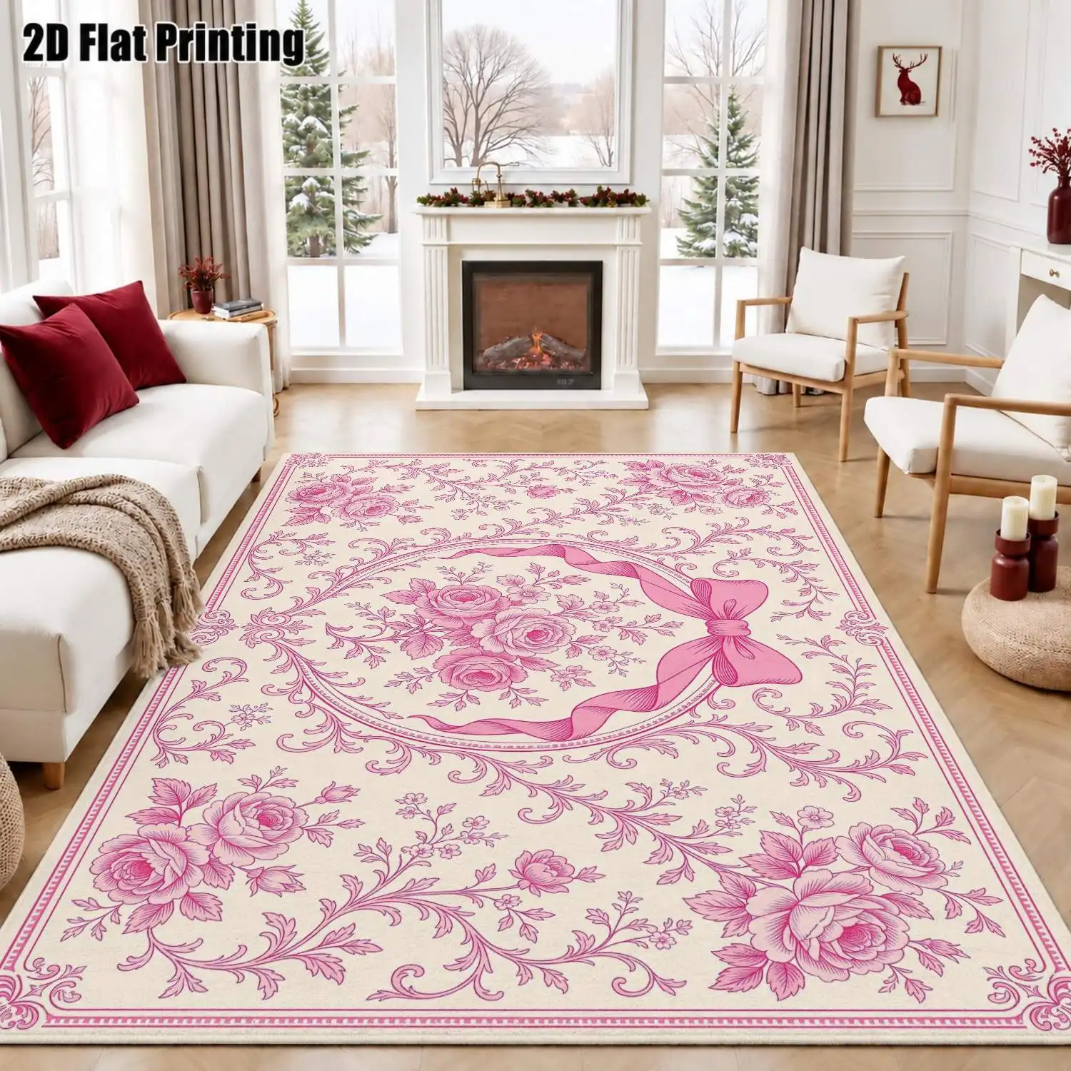 1Pc 2D Printed Carpet: Pink Flower & Bow Tie Pattern, Retro European Style, Home Decor Rug, Machine Washable, Multi-Size for Entrance, Dining, Bedroom, Living Room