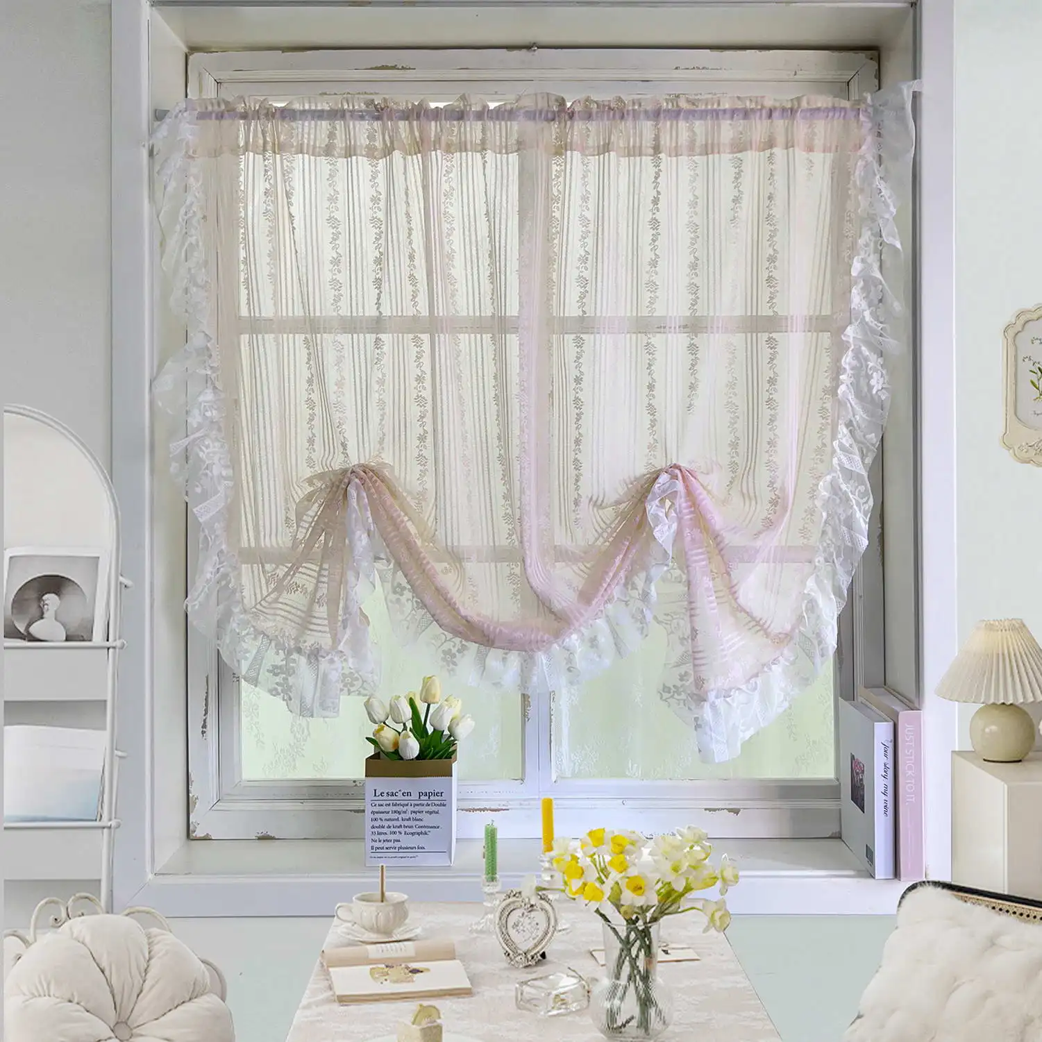 Vintage Ruffle Sheer Lace Curtain Panels for Living Room Bedroom Study Doorway Pink Floral Tulle Drapery Home Decorative