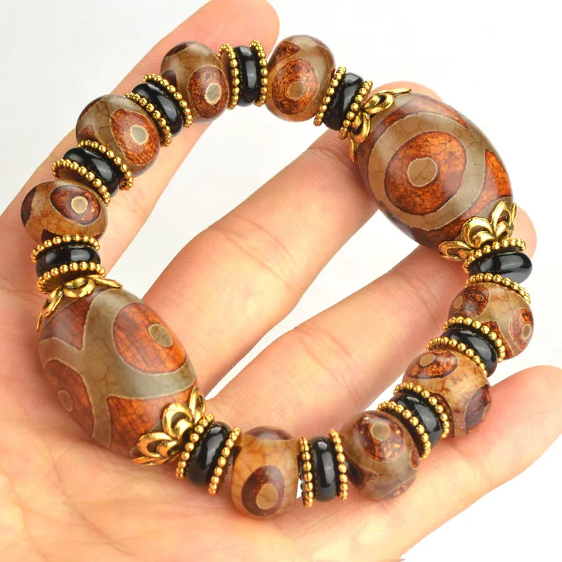 Natural Tibetan Agate Three Eye and Nine Eye DZi Bracelet for Men and Women