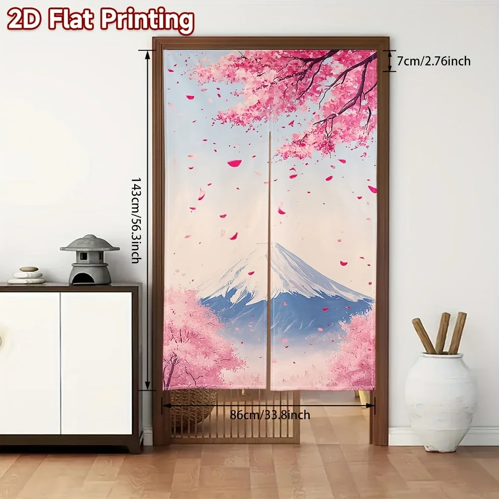 Japanese Noren Curtain Sakura Petals Falling Mount Fuji 2D Flat Printing Door Decor