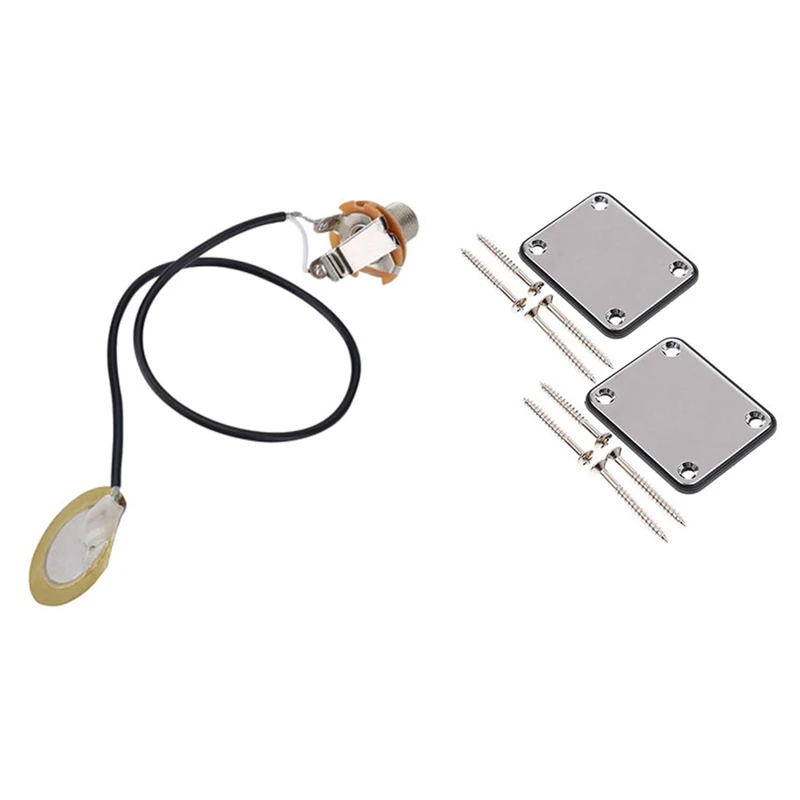 1X Acoustic Guitar Transducer Pre-Wired Amplifier Piezo Jack Pickup & 2 Pcs Guitar Metal Neck Plates With Plastic Mat