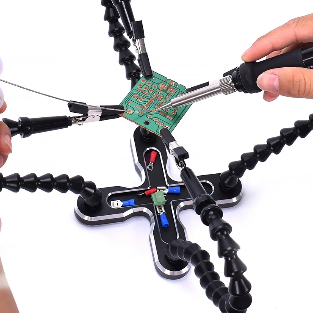 1X Aluminum Alloy Base Table Clamp Soldering Helping Hands Soldering Holder + 4 Flexible Arms Third Hand PCB Repair Welding Tool