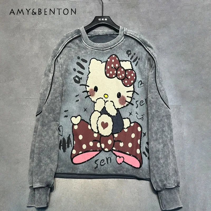 2025 الربيع والخريف الصناعة الثقيلة جديد الترتر طباعة الكرتون طاقم الرقبة البلوز للنساء فضفاض الحلو نمط هوديس #1